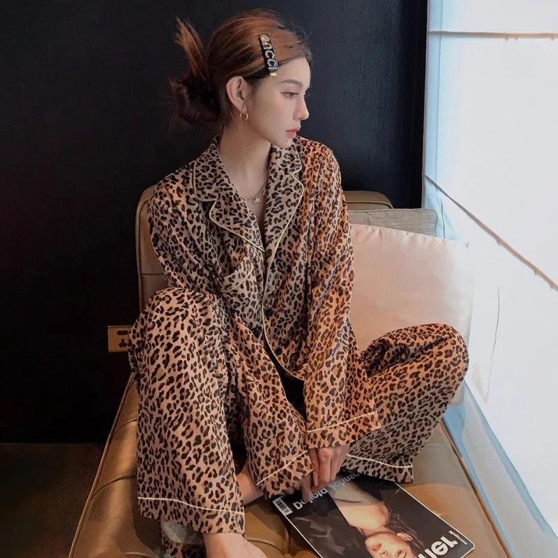 New Fashion Leopard Print Pajamas Women\'s Spring Long-sleeved Cardigan Europe and The United States Sexy Home Suit Ins Sleepwear