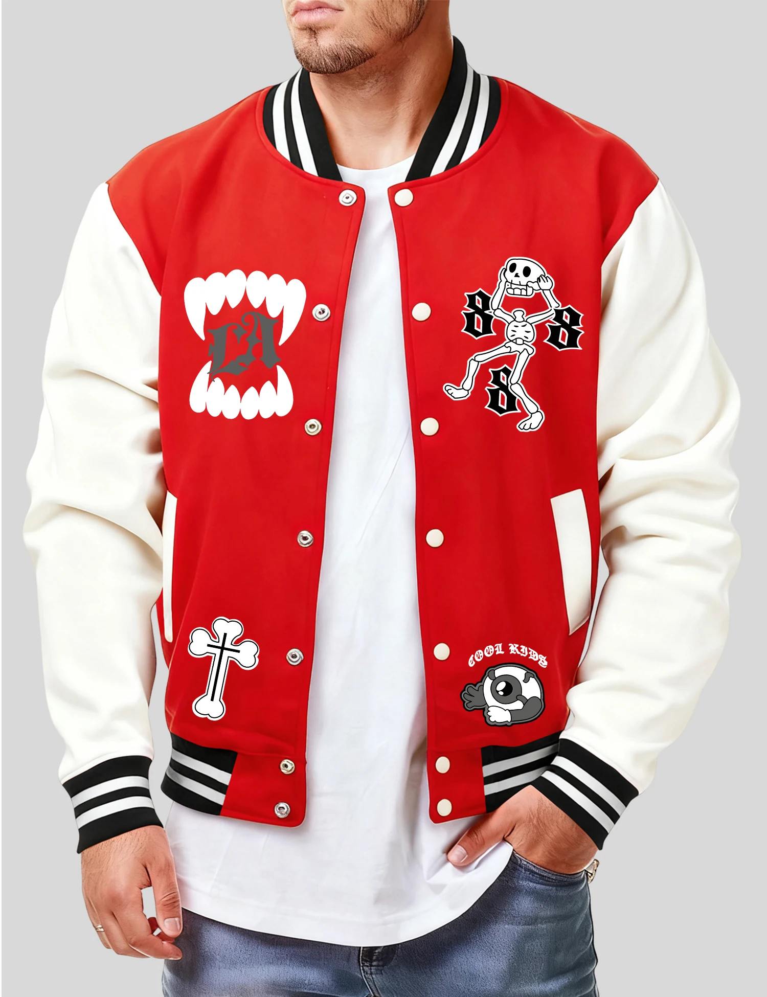 

Skeleton Man With Open Mouth Print Men Baseball Jersey Casual Comfortable Streetwear American Autumn Top Unisex Vintage Clothing