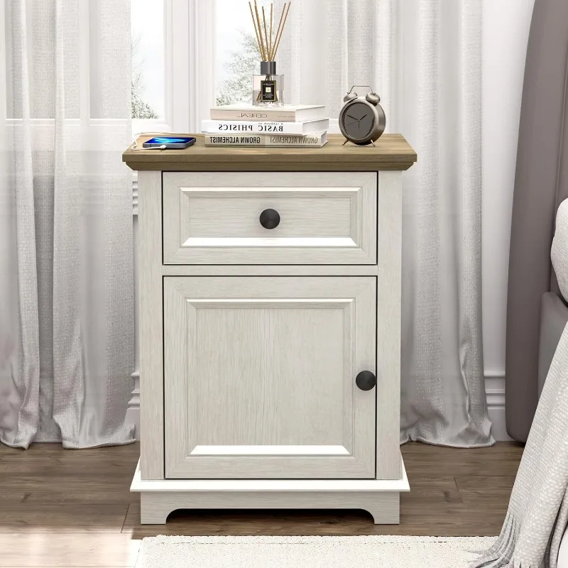 End Table with Charging Station, Fast Charge, End Table with Drawer, Big Storage Side Table for Living Room/Bedroom, White