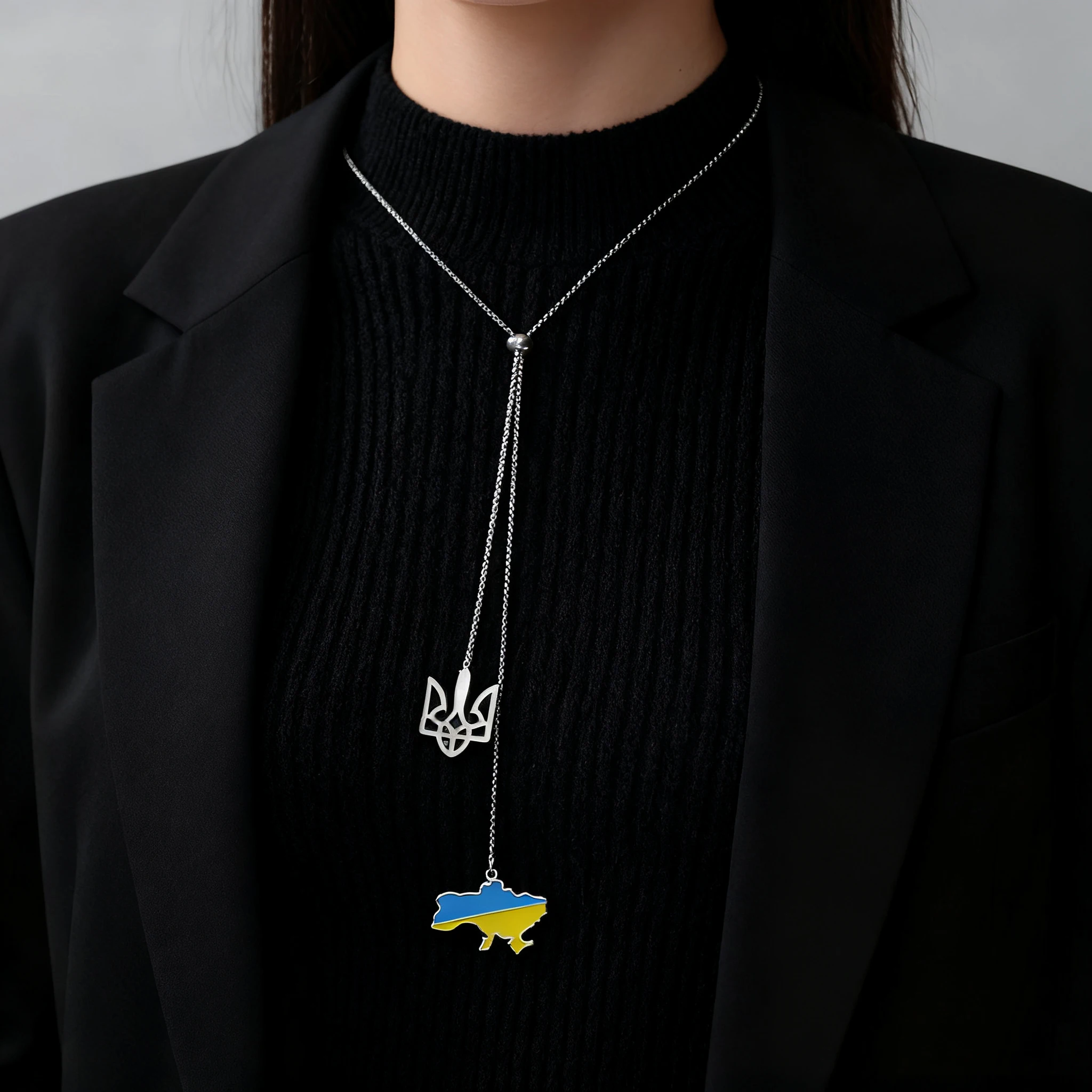 Ukraine National Emblem Map Pendant Necklace Women Stainless Steel Gold Color Long Sweater Box Chain Country Jewelry Wholesale