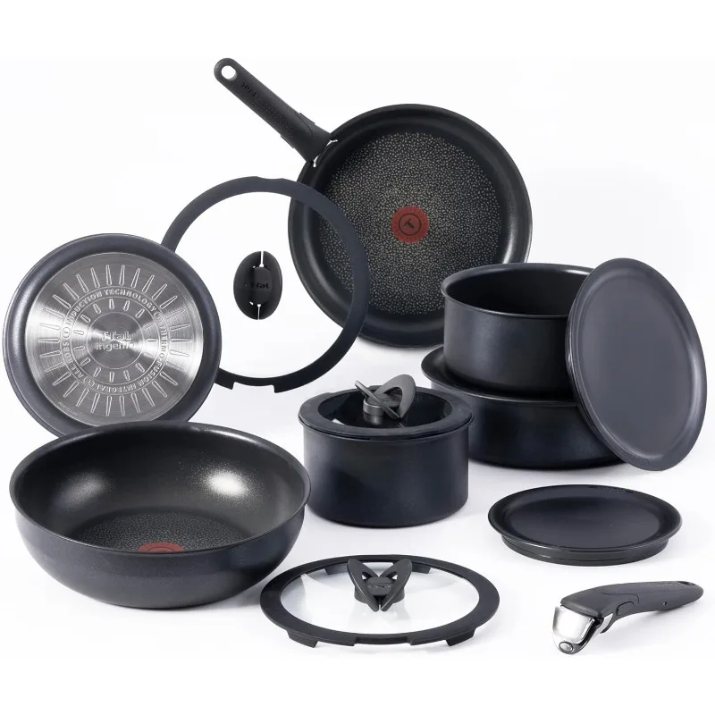 T-fal Ingenio Expertise Non Stick Cookware Set 14 Piece, Induction Oven Broiler Safe 500F, Pots, Pans, Fry Pans, Saucepans,Black