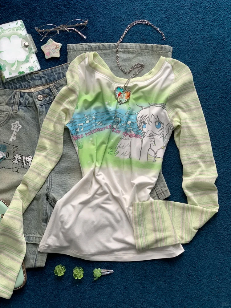 Japanese Sweet Cute Green Stripe Musical Note Print T-shirt Women Y2k Harajuku Vintage Fashion Hot Girl Long Sleeve Tops New