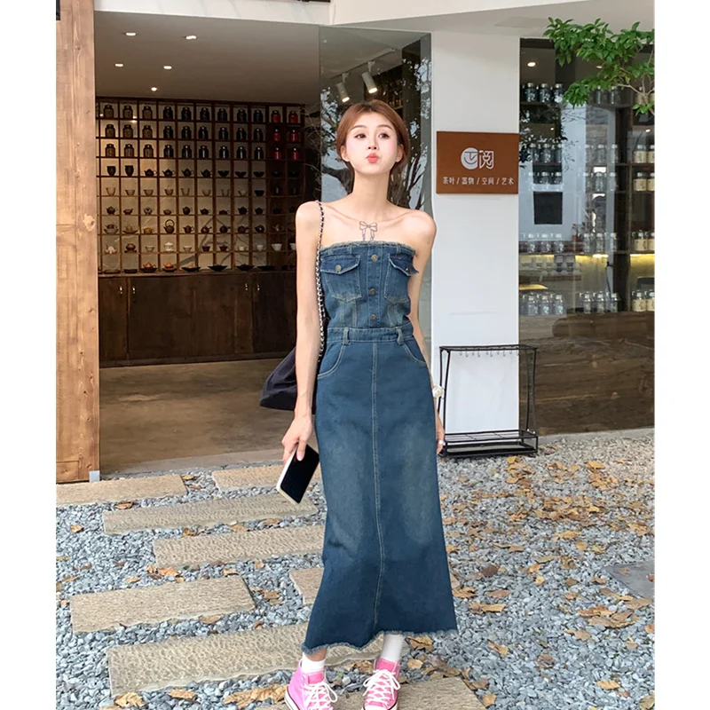 Women' Clothing Denim Bra Dress Spicy Girls Wear Thin Waistband Long Skirt Wrapped Around Waist Show Hip Temperament Denim Dress