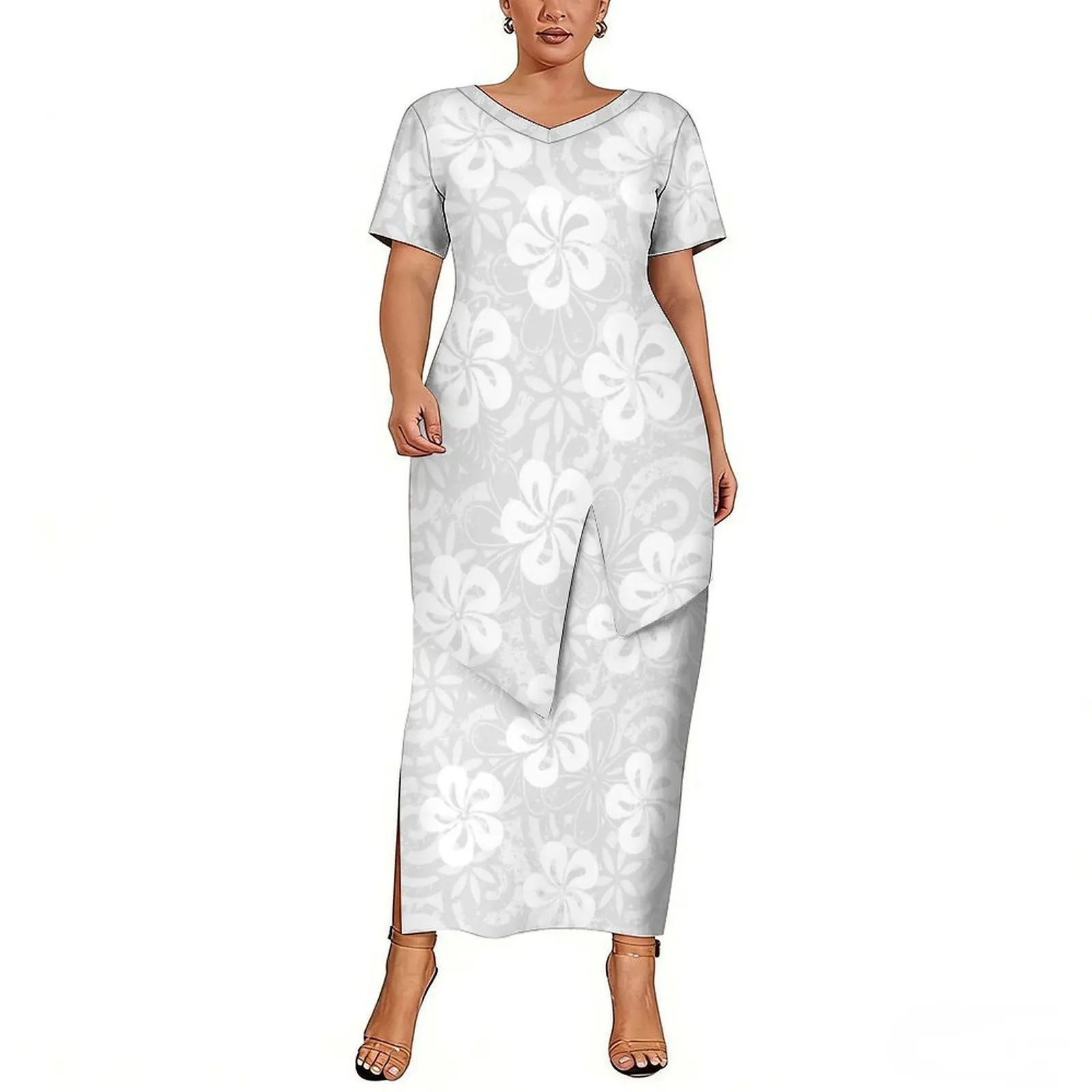 

Two-Piece Custom Polynesian Woman'S Puletasi White Dress High-Quality Slit Top And Full Skirt For Mother'S Day