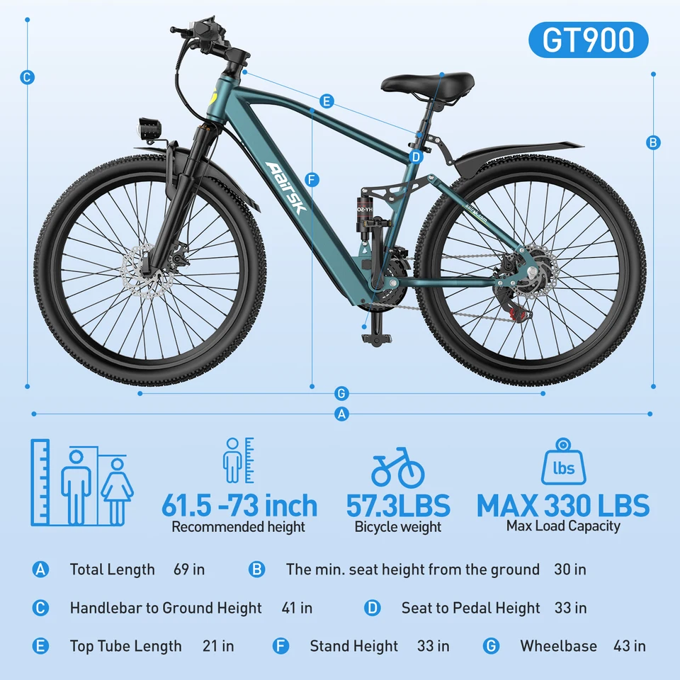 Aairsk GT900 24-Inch Electric Bike Is Equipped with a 36V 13Ah Battery, 21 Gears, 3 Riding Modes and a 748W Motor. This Full-Suspension Electric Bike Is Suitable for Adults and Teenagers for Commuting and General Travel. image 8
