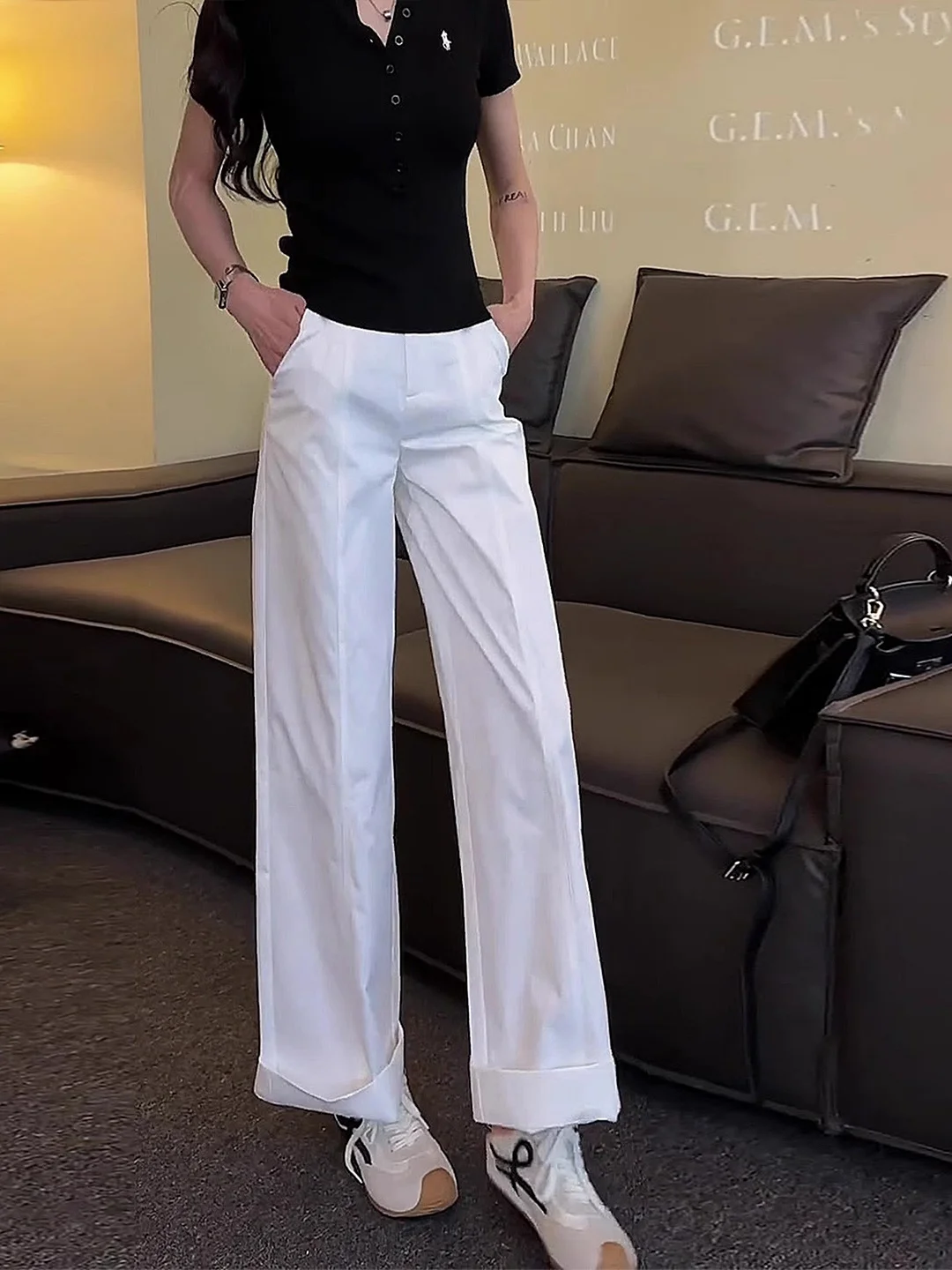 

White Ice Silk Wide Leg Pants Women's Summer New High Waist Draped Thin Casual Qui Dry Sports Knife Pants Korean Sle Stra...