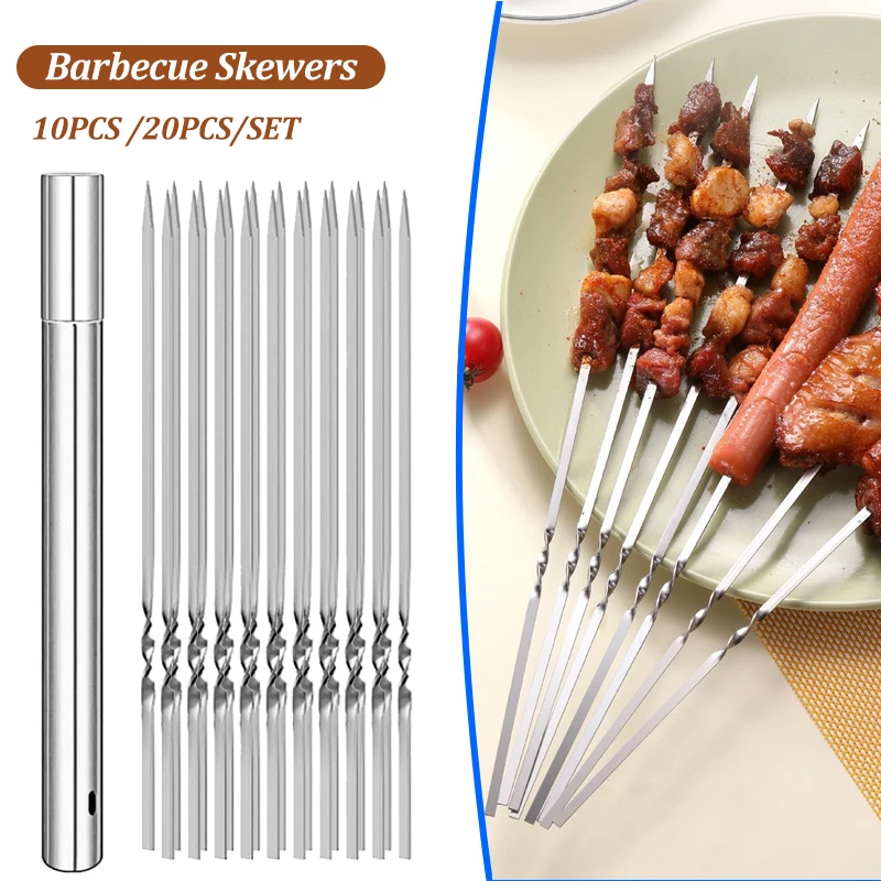 10/20 sztuk szpikulec do grilla ze stali nierdzewnej wielokrotnego użytku płaski BBQ igła Stick narzędzia do grillowania na zewnątrz Camping Party akcesoria