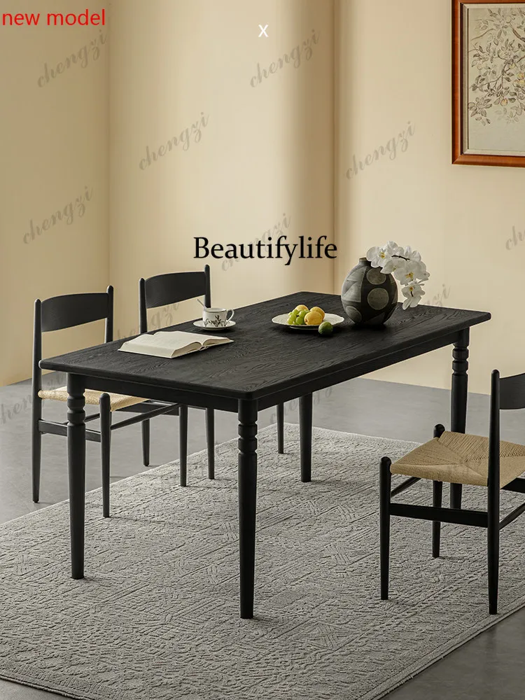 DD182Dining table black solid wood French retro simple, rectangular dining table desk
