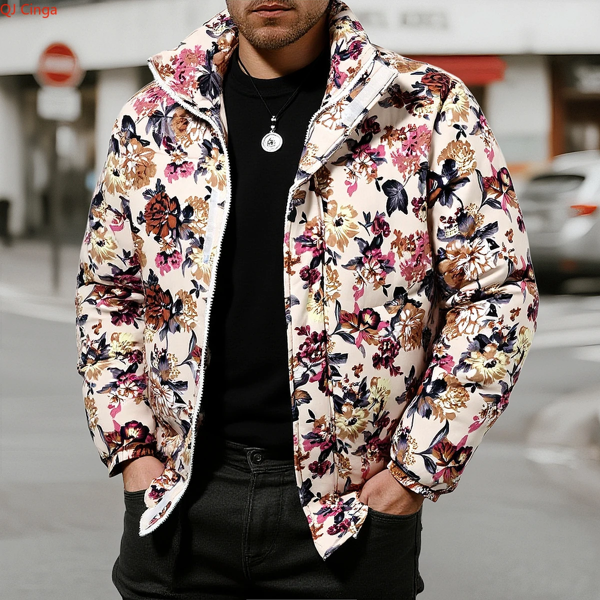 Winter Arrival Men's Beige Long-Sleeve Printed Thick Jacket, Green Stand-Up Collar Parka, Black Fashionable Warm Top Outerwear.