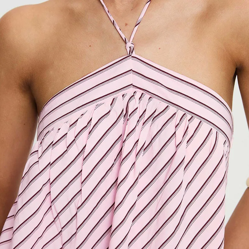 New Sexy Backless Lace Up Party Dresses Woman Chic Stripe Print Halter Mini Dress Summer Casual Sleeveless Hollow Out Boho Dress