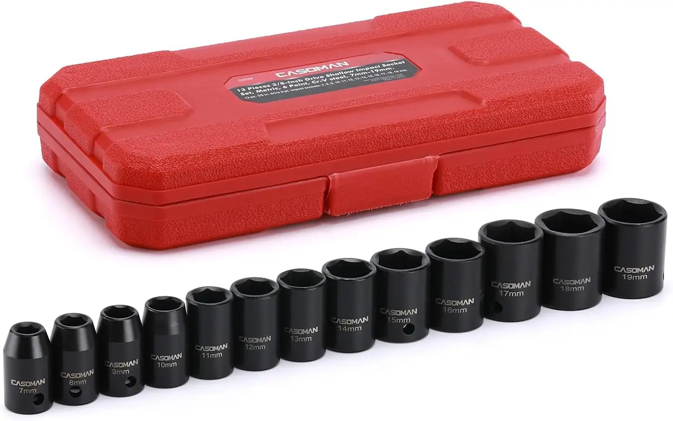 

Impact Socket Set 13-Piece 3/8-Inch Drive Metric 7-19mm Shallow CR-V Heavy Duty Blow Molded Case