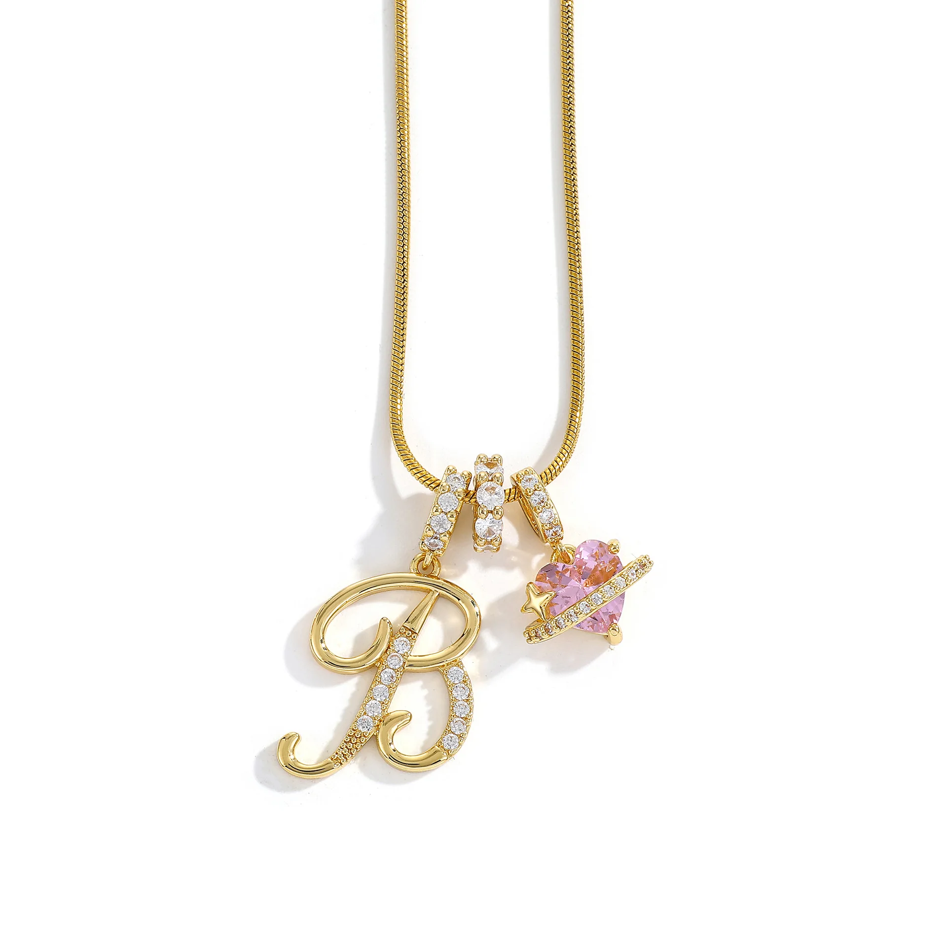 Women's A-Z Initial Letter Pendant Necklace Snake Chain Initial Alphabet CZ Pink Heart Necklace Adjustable Size Hypoallergenic