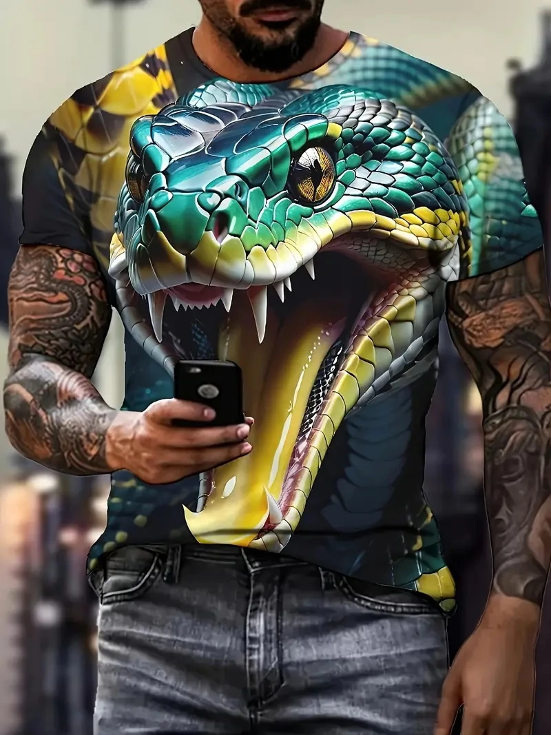 Fashion 3D Printed Horror Snake Graphic T Shirt For Men Personality Oversized T-shirt Summer Hip Hop Short Sleeve O-neck Tops