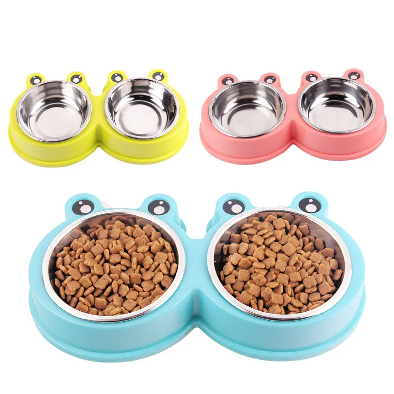 Cat Bowl Dog Bowl Drinking Water Feeding One-piece Pet Double Bowl Stainless Steel Frog Bowl Pet Food Utensils Pet Products