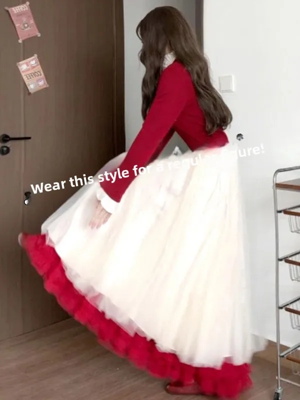 

Red Knitted Top And Skirt Set Unique Stylish Spring Fashion Two-Piece Suit Anti-Aging Cute High Collar Long Sleeve Comfortable