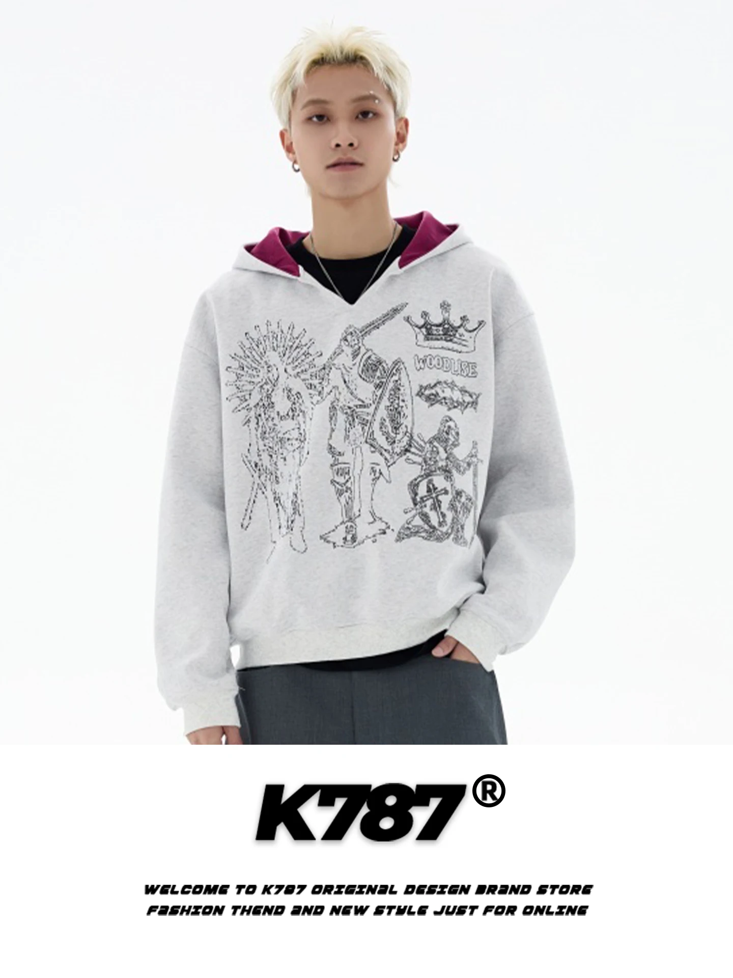 

Худи K787 в американском уличном стиле с принтом, свободного кроя, повседневная верхняя одежда, с длинными рукавами, из смесового полиэстера и хлопка, молодежная мода