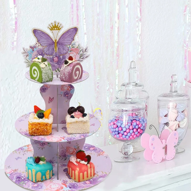 3 Tier Cartoon Spring Butterfly Flower Party Cake Display Stand Birthday Cupcake Decoration Baby Shower Party Dessert Cake Rack