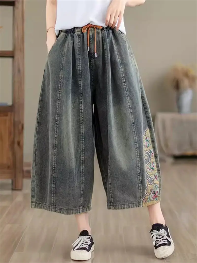 

Large Size Women's Summer Denim Pants 2024 Loose Casual Ethnic Style Heavy Industry Embroidered Jeans Wide Legged Trousers k892