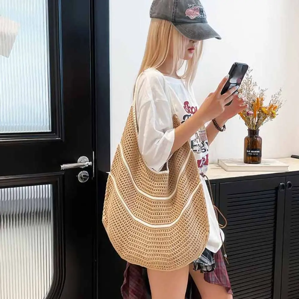 กระเป๋าถือถักไหมพรมสีพื้นสไตล์เกาหลี ความจุเยอะ กระเป๋าโท้ทโครเชต์สีตัดกัน กระเป๋าถือสานลำลองแบบโปร่ง