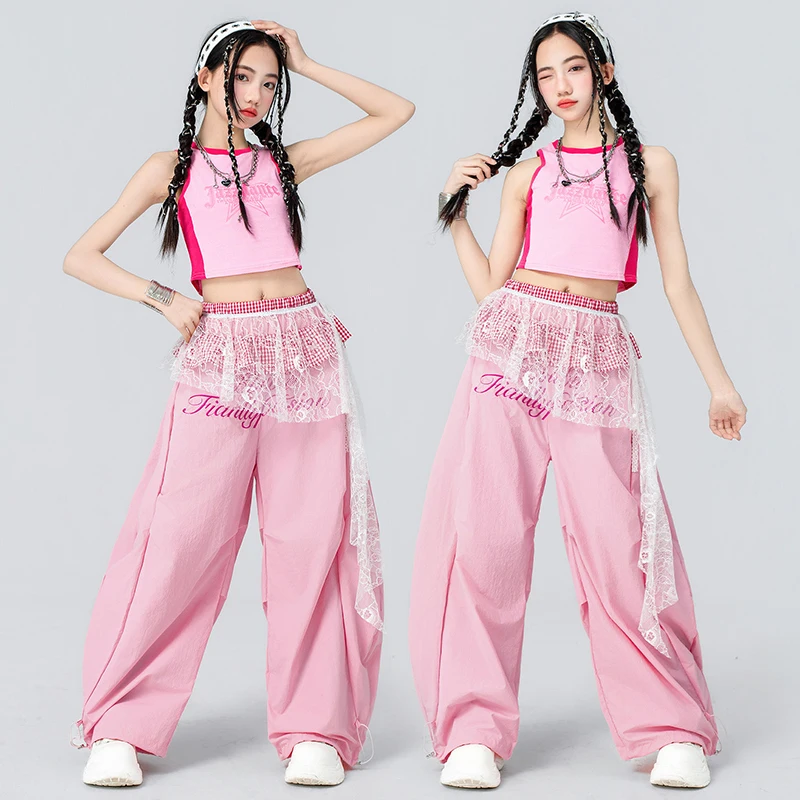 

Pink Kpop Dance Performance Clothes Girl Jazz Stage Outfit Tank Top Street Dance Trousers Children School Show Clothing VDL5478