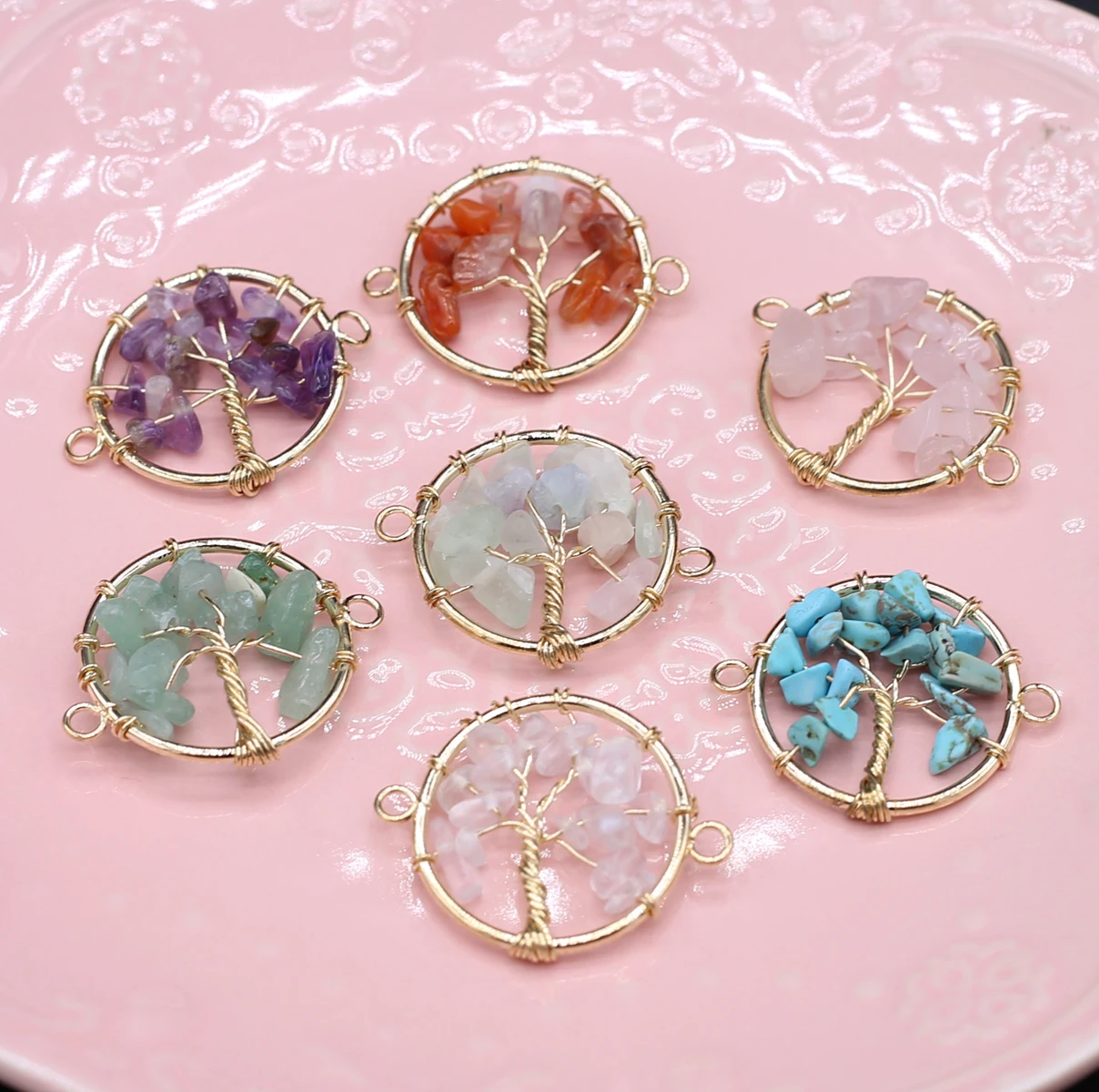 Amethyst Rose Quartz Fluorite Natural Stone Tree of Life Connector For Jewelry MakingDIY Necklace Hanging Accessories Gift Party