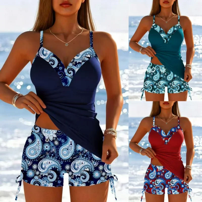 2026 New Women's Split Swimsuit Plus Size High Waist Tankini European American Style Shorts Bikini