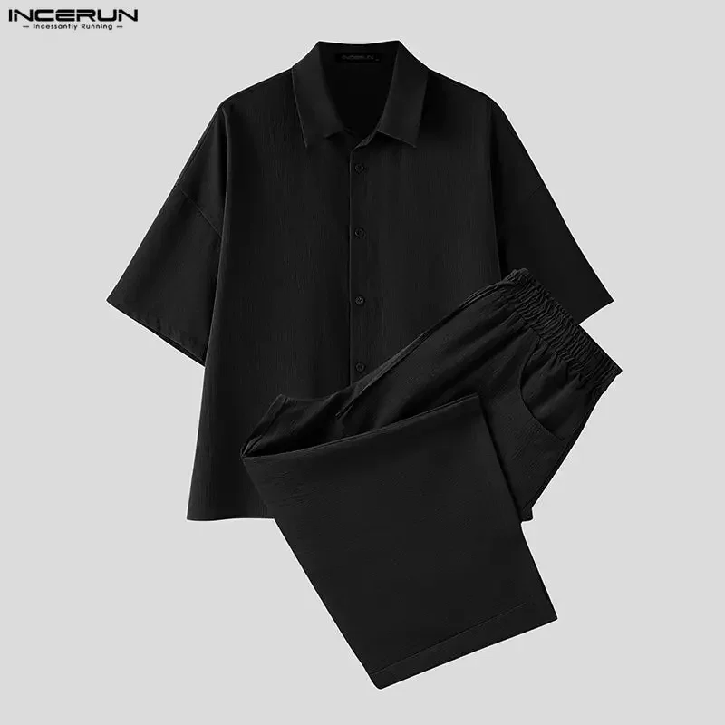 INCERUN Men's Sets Solid Lapel Short Sleeve Shirt Pants Two Piece Sets Streetwear Loose 2026 Summer Fashion Men Matching Sets view 4