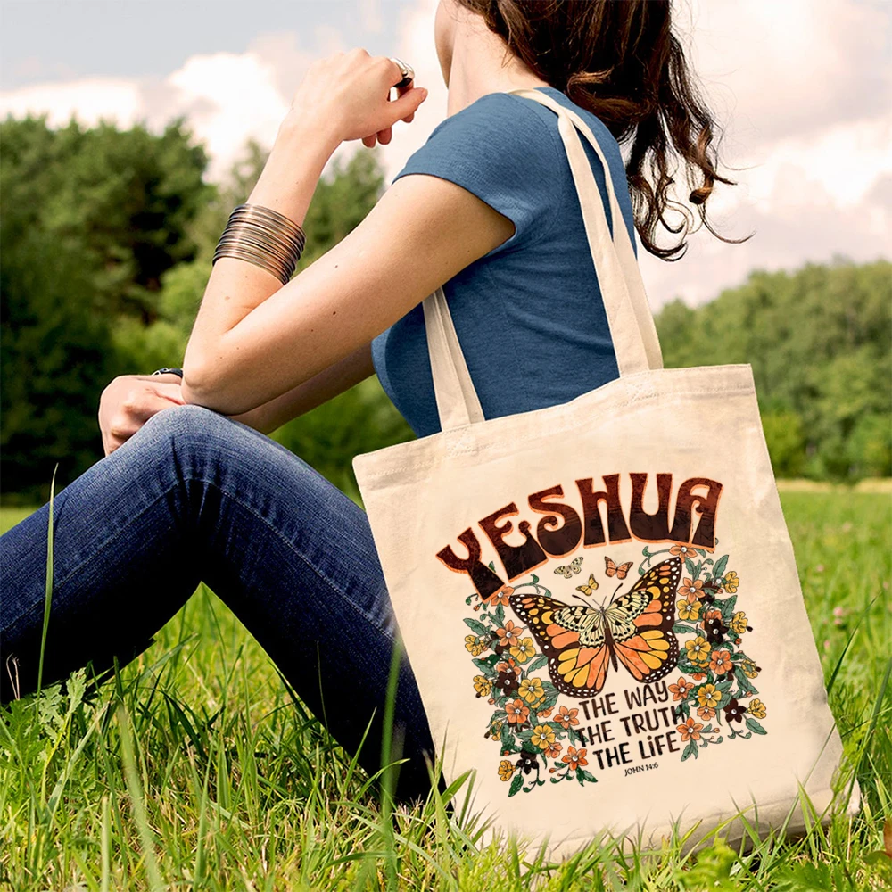 Yeshua Jesus Christian Tote Bag Christian Tote Bags Butterfly Wildflower Graphic Shopping Bag Aesthetic Women Handbag Trendy Bag