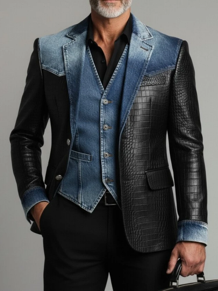 Designer Classic Men's Suit Coat Denim Patchwork Crocodile PU Leather Notched Lapel Tuxedos Groom Wear Business Party Blazer