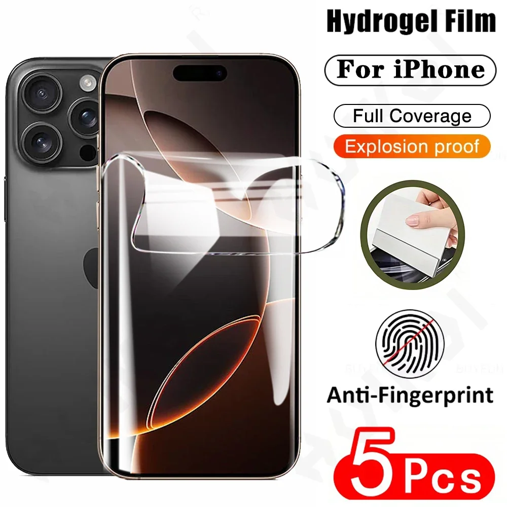 

5 Pcs Hydrogel Film For iPhone 16 15 14 13 12 11 Pro Max XS XR Plus Full Cover Screen Protector Anti-Spy Curved Tempered Glass