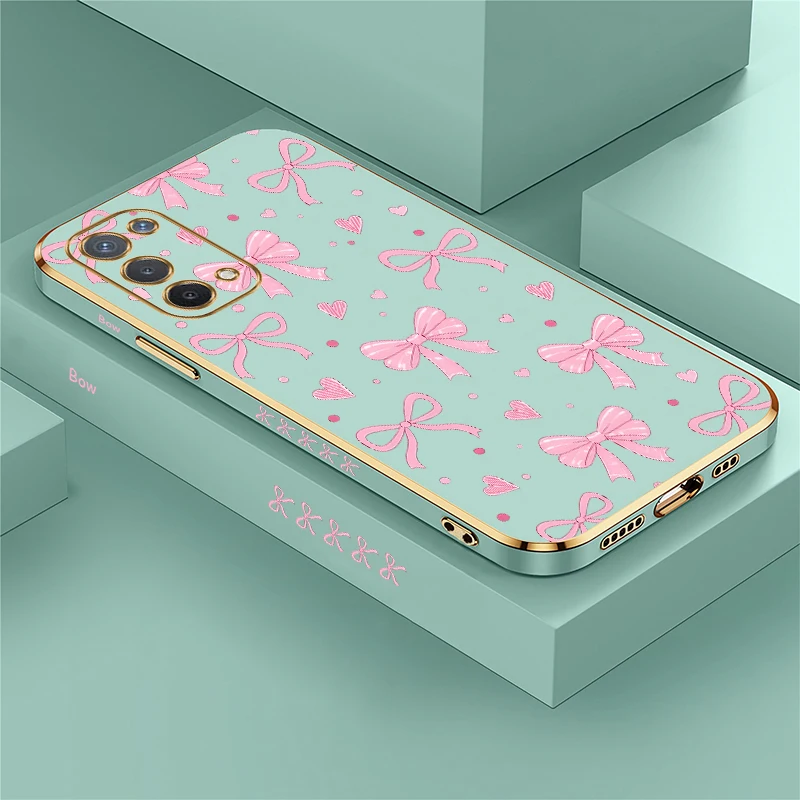 Cute Pink Heart Bow Phone Case For OPPO A54 A53 A52 A39 A38 A36 A33 A32 A31 A17 A16S A15 S Drop Resistant Plating TPU Cover Capa