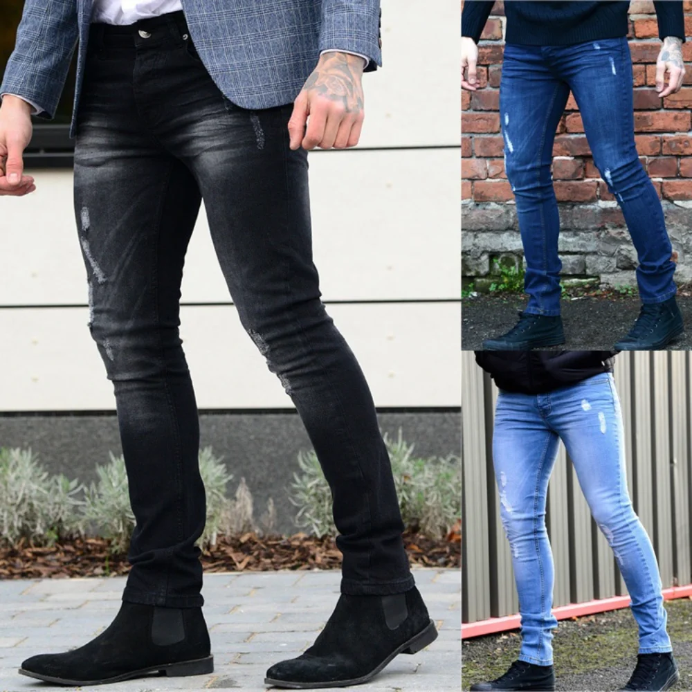 

Men Ripped Jeans Spring Autumn Fashion Casual Slim Skinny Pencil Long Denim Pants Hip Hop High Street Wear Joggers Blue Black