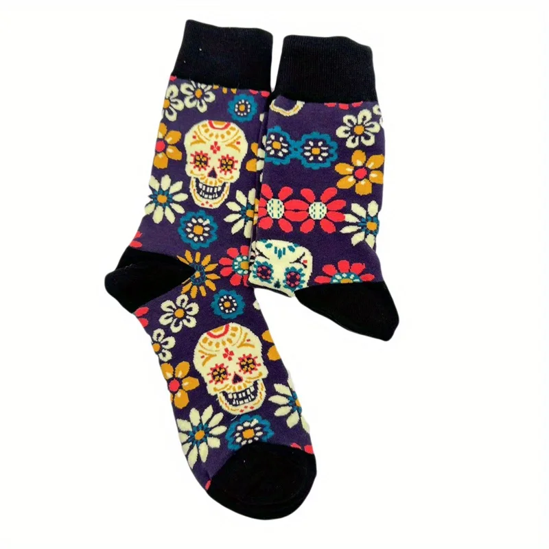 1pair Men\'s Creative Casual Harajuku Funny Personality Comfortable Skull Head Print Hiphop Fashion Print Breathable Socks