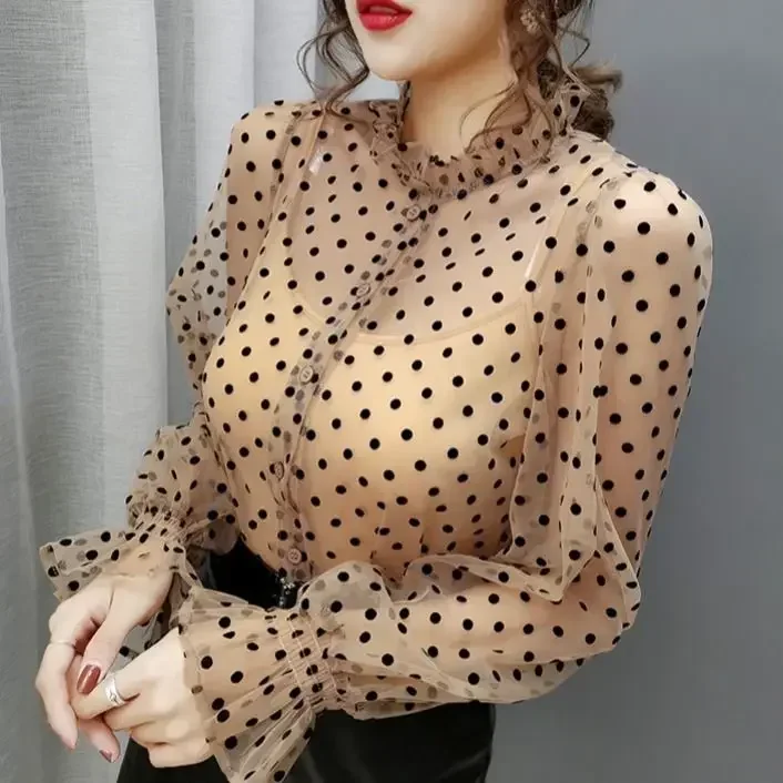 Blouse Women Dot Mesh Shirt Women's Sexy Slim Top Two-Piece Set Blusas Ropa De Mujer