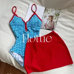 Korean Vintage Fashion Blue Plaid One-piece Swimsuit with Red Skirt Style Women Swimwear Sexy Y2k Halter Backless Bathing Suits