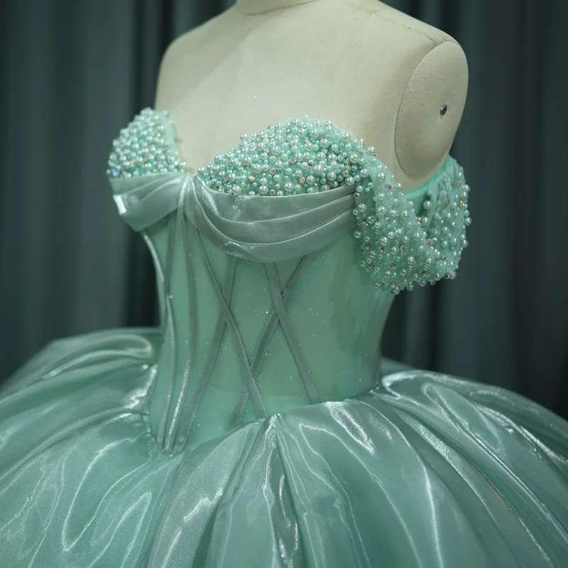 

Light Green Quinceanera Dress off-shoulder Crystal Glitter Pearl Decal Long tail vestidos de 15 Quinceanera ﻿Customize
