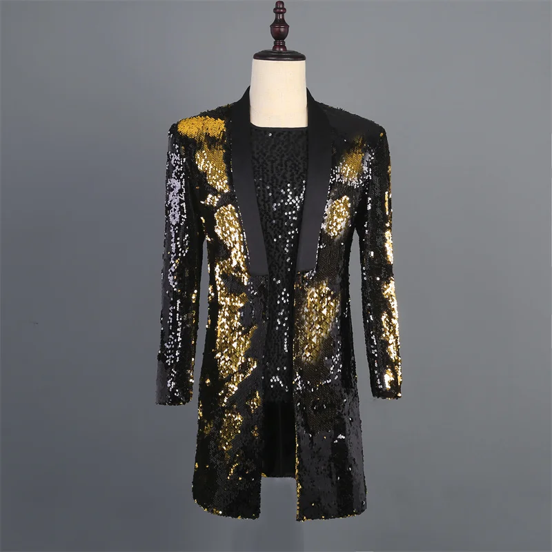 

Black And Gold Collar With Green Fruit Collar Mid Length Sequin Suit Male Singer Stage Color Changing Casual Performance Suit
