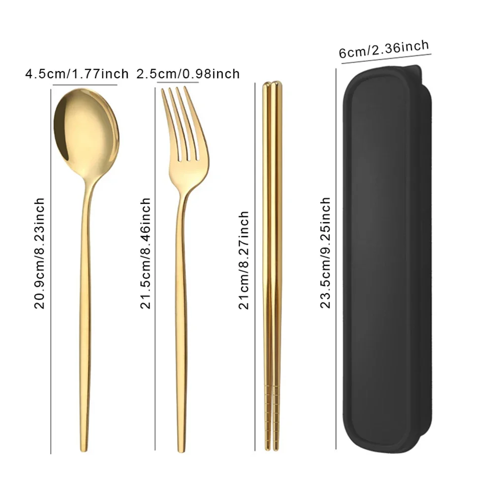 4Pcs Gold Portable Tableware Cutlery Set With Box Spoon Fork Chopsticks Set Stainless Steel Lunch Dinnerware Kitchen Accessories