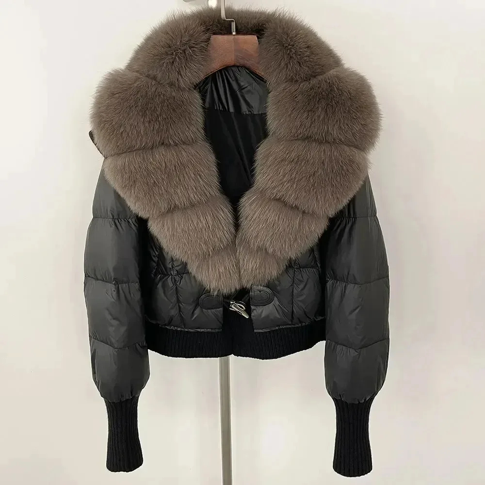 

Real Natural Fox Fur 2025 Winter Women Coat Collar Thick Warm Casual White Duck Down New Outwears Streetwears Short Jacket