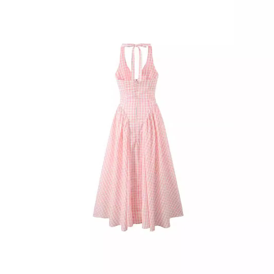 Women's ZR Spot New Pink Checkered Neck Hanging Long Dress