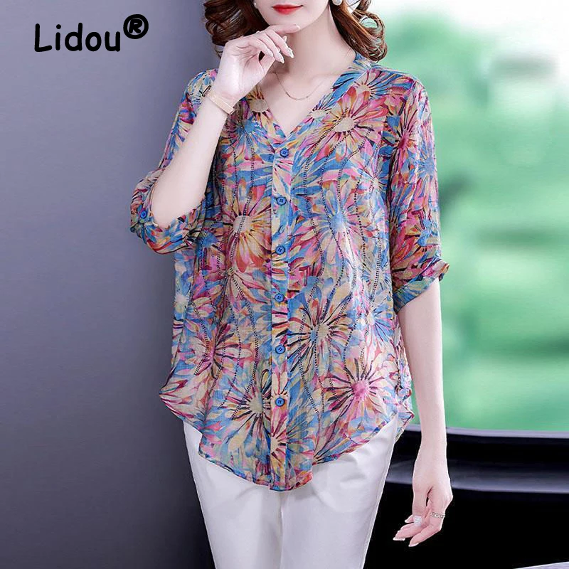 Women Trendy Rhinestone Floral Print Vintage Blouse Summer V Neck Short Sleeve Loose Button Up Shirt Casual Irregular Top Female