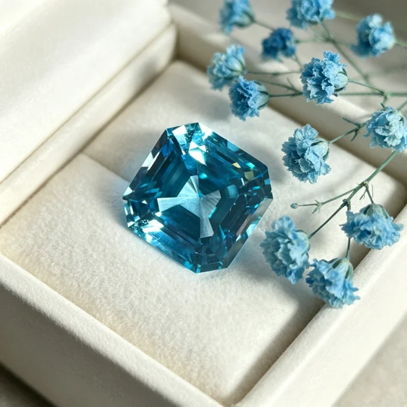 Laborgezüchteter Saphir in Asscher-Schliff mit Aquamarin-Farbe und Zertifikat – Detail 4