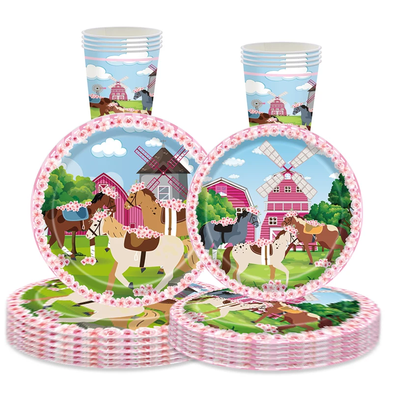 

Pink Farm Horse Theme Birthday Disposable Tableware Farm Animals Plates Cups Napkins Kids Girls Happy Birthday Party Supplies