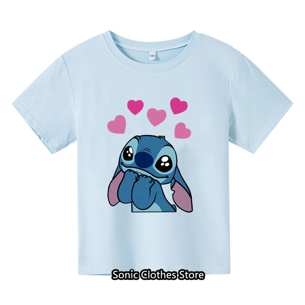 Disney Anime Cute Stitch Angel Fashion Sonic T-shirt Summer Boys and Girls Round Neck Marios Short Sleeve Fashion Print Pattern