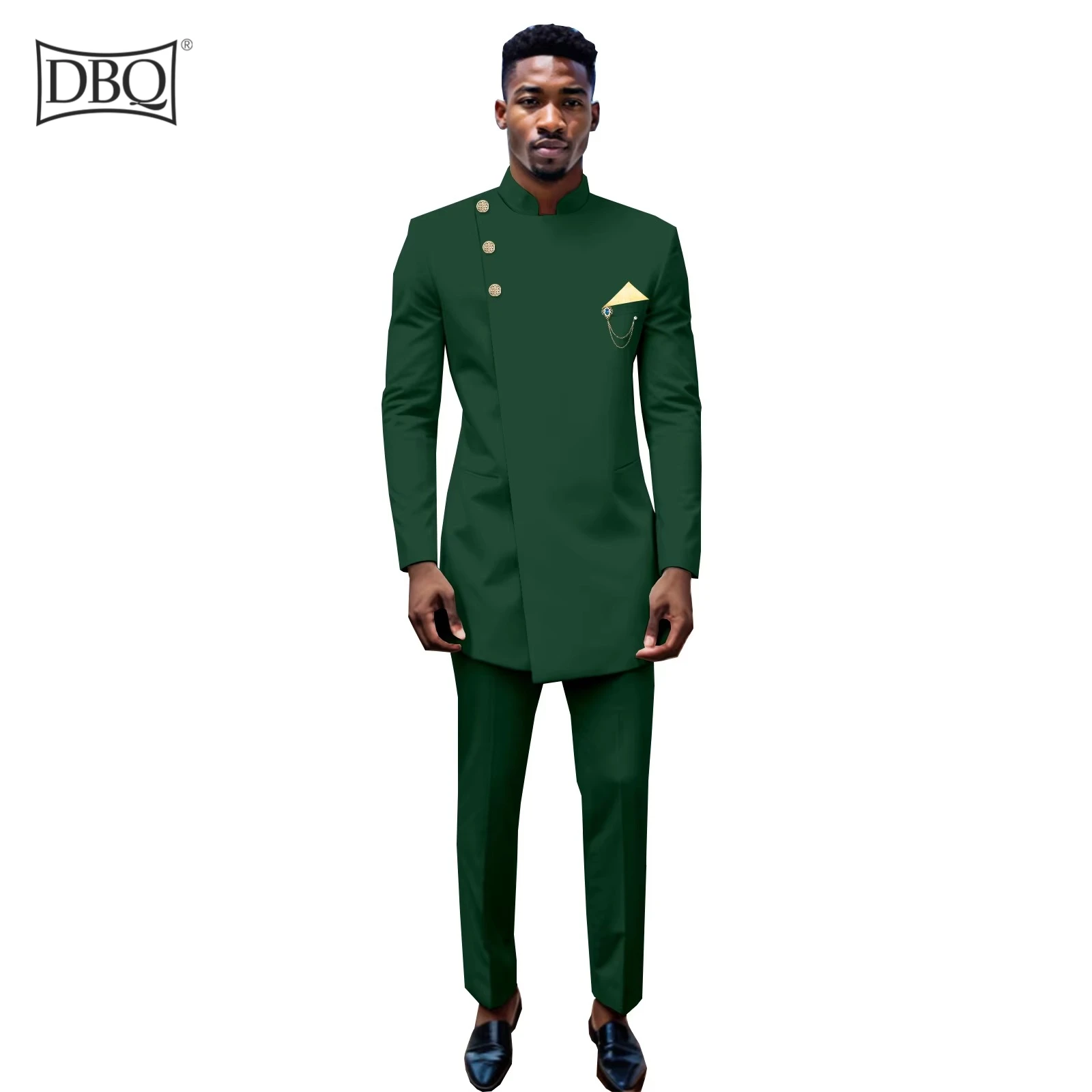 DBQ Mens Slim Fit 2 Piece Suit Three Button Gold Chain Jacket + Pants 2 Piece Set African Clothes