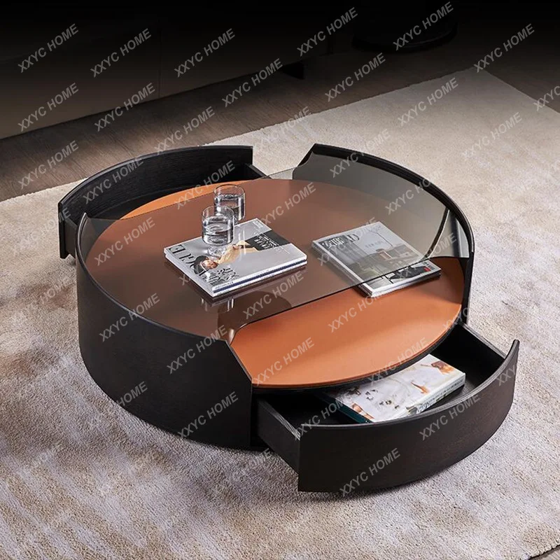 AA  minimalist paint round solid wood tempered living room tea table multi-functional tea table
