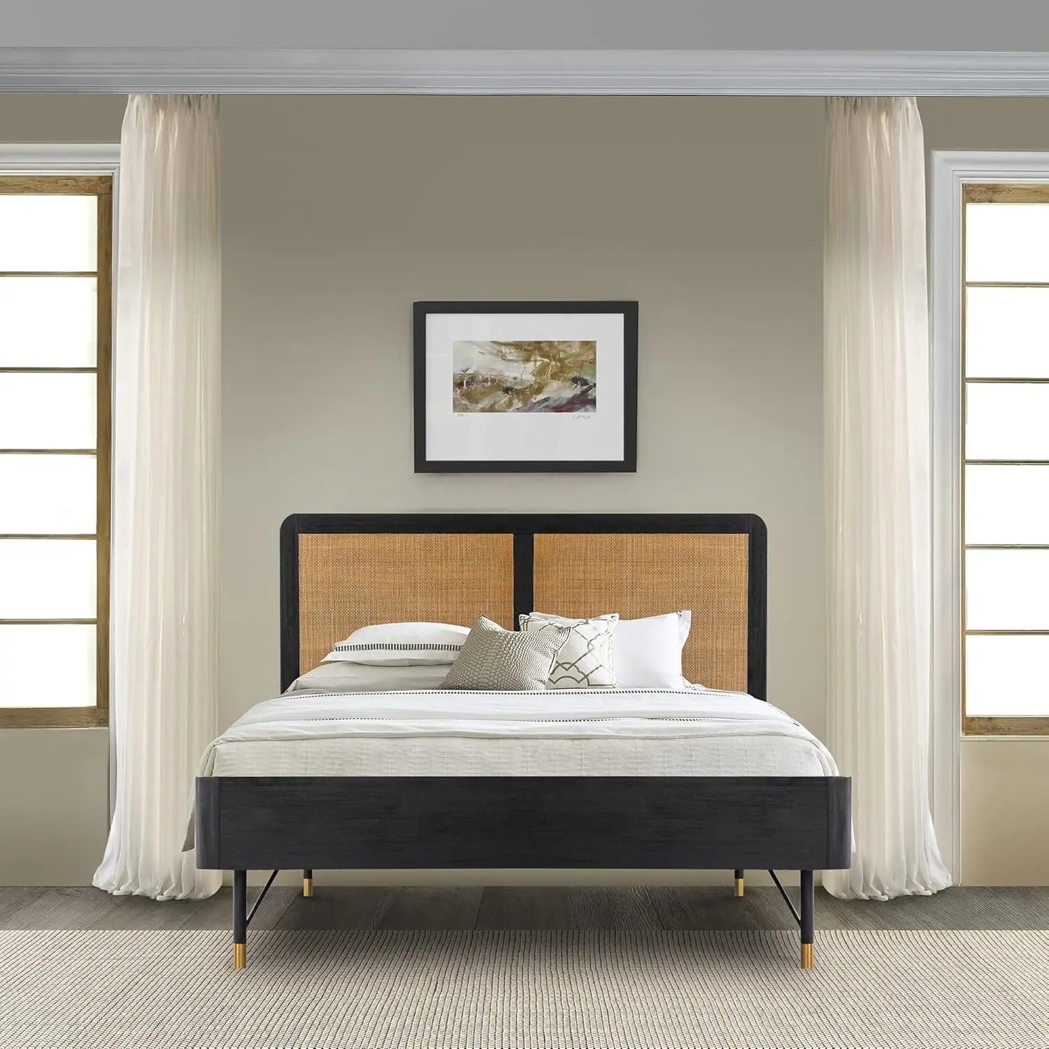 Saratoga Frame Bed In Black Acacia With Rattan Headboard Platform, Queen (U.S. Standard)