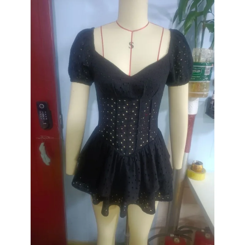 VคอRufflesจีบชุดผู้หญิงพัฟแขนChicสีดําฤดูร้อนชุด 2025 Party Hollow Out Vintage Bodyconชุดรัดตัวสุภาพสตรี