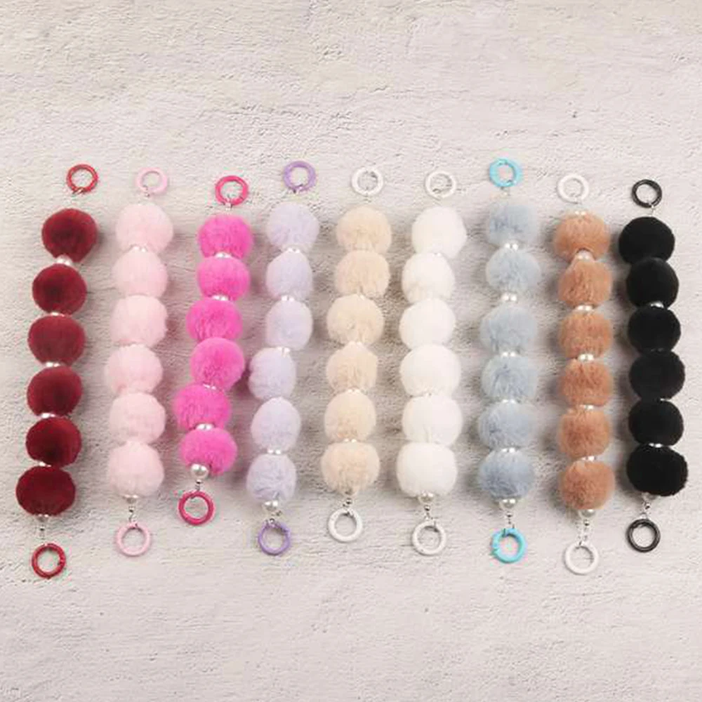 Sweet Plush Colored Ball Chain Fur String Balls Key Chain Phone Case Decoration Bag Pendant With Imitate Pearl Decor Gift