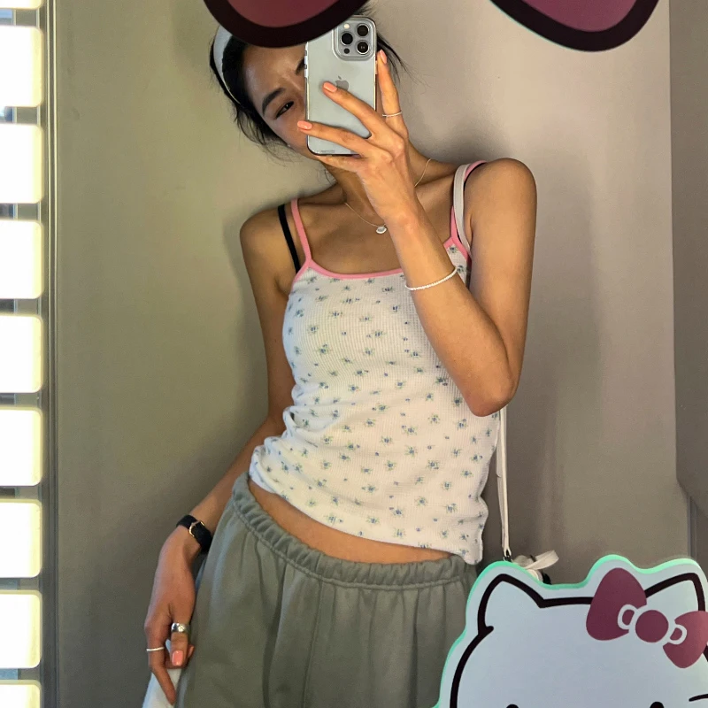 

Chic Floral Embroidered Knitted Crop Top Women's Summer New Style Color Block Inner Wear Short Sleeve Korean Style Sweater